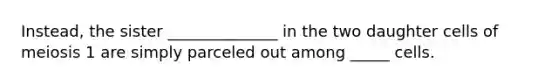Instead, the sister ______________ in the two daughter cells of meiosis 1 are simply parceled out among _____ cells.