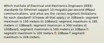 Which Institute of Electrical and Electronics Engineers (IEEE) standards for Ethernet support 10-megabit-per-second (Mbps) communications, and what are the correct segment limitations for each standard? (Choose all that apply.) a) 10Base2; segment maximum is 100 meters b) 10Base2; segment maximum is 185 meters c) 10Base5; segment maximum is 500 meters d) 100Base5; segment maximum is 500 meters e) 10Base-T; segment maximum is 100 meters f) 10Base-T segment maximum is 328 meters