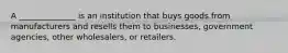 A ______________ is an institution that buys goods from manufacturers and resells them to businesses, government agencies, other wholesalers, or retailers.