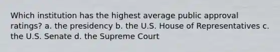 Which institution has the highest average public approval ratings? a. the presidency b. the U.S. House of Representatives c. the U.S. Senate d. the Supreme Court