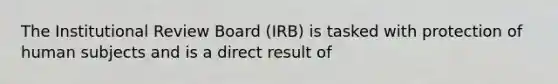 The Institutional Review Board (IRB) is tasked with protection of human subjects and is a direct result of