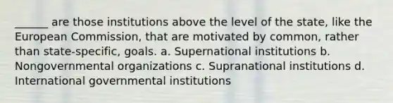 ______ are those institutions above the level of the state, like the European Commission, that are motivated by common, rather than state-specific, goals. a. Supernational institutions b. Nongovernmental organizations c. Supranational institutions d. International governmental institutions