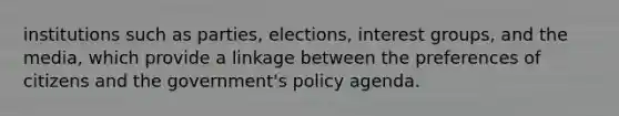 institutions such as parties, elections, interest groups, and the media, which provide a linkage between the preferences of citizens and the government's policy agenda.