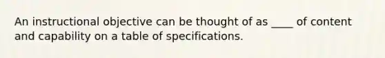 An instructional objective can be thought of as ____ of content and capability on a table of specifications.