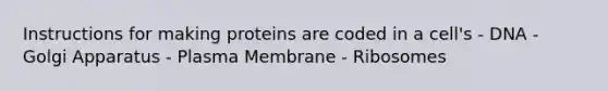 Instructions for making proteins are coded in a cell's - DNA - Golgi Apparatus - Plasma Membrane - Ribosomes