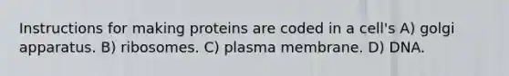 Instructions for making proteins are coded in a cell's A) golgi apparatus. B) ribosomes. C) plasma membrane. D) DNA.