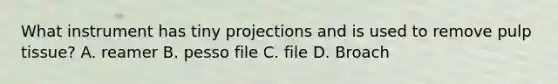 What instrument has tiny projections and is used to remove pulp tissue? A. reamer B. pesso file C. file D. Broach