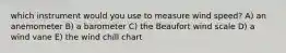 which instrument would you use to measure wind speed? A) an anemometer B) a barometer C) the Beaufort wind scale D) a wind vane E) the wind chill chart