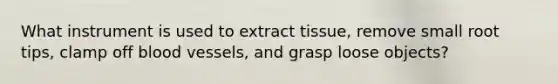 What instrument is used to extract tissue, remove small root tips, clamp off <a href='https://www.questionai.com/knowledge/kZJ3mNKN7P-blood-vessels' class='anchor-knowledge'>blood vessels</a>, and grasp loose objects?