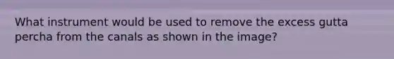 What instrument would be used to remove the excess gutta percha from the canals as shown in the image?