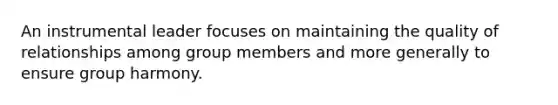 An instrumental leader focuses on maintaining the quality of relationships among group members and more generally to ensure group harmony.