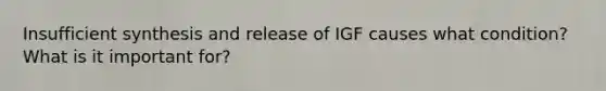 Insufficient synthesis and release of IGF causes what condition? What is it important for?