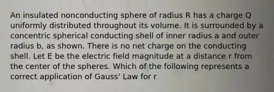 An insulated nonconducting sphere of radius R has a charge Q uniformly distributed throughout its volume. It is surrounded by a concentric spherical conducting shell of inner radius a and outer radius b, as shown. There is no net charge on the conducting shell. Let E be the electric field magnitude at a distance r from the center of the spheres. Which of the following represents a correct application of Gauss' Law for r<R?