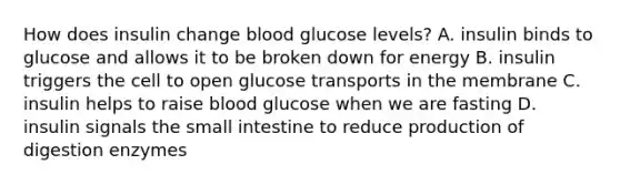 How does insulin change blood glucose levels? A. insulin binds to glucose and allows it to be broken down for energy B. insulin triggers the cell to open glucose transports in the membrane C. insulin helps to raise blood glucose when we are fasting D. insulin signals the small intestine to reduce production of digestion enzymes