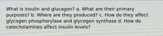 What is insulin and glucagon? a. What are their primary purposes? b. Where are they produced? c. How do they affect glycogen phosphorylase and glycogen synthase d. How do catecholamines affect insulin levels?