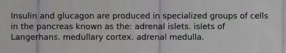 Insulin and glucagon are produced in specialized groups of cells in the pancreas known as the: adrenal islets. islets of Langerhans. medullary cortex. adrenal medulla.