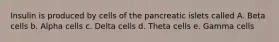 Insulin is produced by cells of the pancreatic islets called A. Beta cells b. Alpha cells c. Delta cells d. Theta cells e. Gamma cells