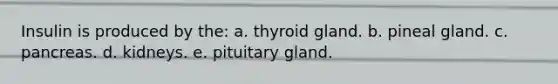 Insulin is produced by the: a. thyroid gland. b. pineal gland. c. pancreas. d. kidneys. e. pituitary gland.