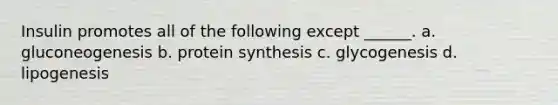 Insulin promotes all of the following except ______. a. gluconeogenesis b. protein synthesis c. glycogenesis d. lipogenesis