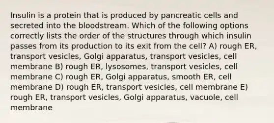 Insulin is a protein that is produced by pancreatic cells and secreted into the bloodstream. Which of the following options correctly lists the order of the structures through which insulin passes from its production to its exit from the cell? A) rough ER, transport vesicles, Golgi apparatus, transport vesicles, cell membrane B) rough ER, lysosomes, transport vesicles, cell membrane C) rough ER, Golgi apparatus, smooth ER, cell membrane D) rough ER, transport vesicles, cell membrane E) rough ER, transport vesicles, Golgi apparatus, vacuole, cell membrane