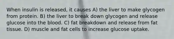 When insulin is released, it causes A) the liver to make glycogen from protein. B) the liver to break down glycogen and release glucose into the blood. C) fat breakdown and release from fat tissue. D) muscle and fat cells to increase glucose uptake.