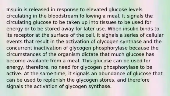 Insulin is released in response to elevated glucose levels circulating in the bloodstream following a meal. It signals the circulating glucose to be taken up into tissues to be used for energy or to be stored away for later use. When insulin binds to its receptor at the surface of the cell, it signals a series of cellular events that result in the activation of glycogen synthase and the concurrent inactivation of glycogen phosphorylase because the circumstances of the organism dictate that much glucose has become available from a meal. This glucose can be used for energy, therefore, no need for glycogen phosphorylase to be active. At the same time, it signals an abundance of glucose that can be used to replenish the glycogen stores, and therefore signals the activation of glycogen synthase.