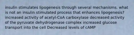 insulin stimulates lipogenesis through several mechanisms. what is not an insulin stimulated process that enhances lipogenesis? increased activity of acetyl-CoA carboxylase decreased activity of the pyruvate dehydrogenase complex increased glucose transport into the cell Decreased levels of cAMP