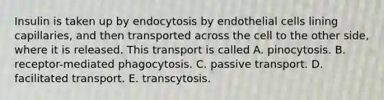 Insulin is taken up by endocytosis by endothelial cells lining capillaries, and then transported across the cell to the other side, where it is released. This transport is called A. pinocytosis. B. receptor-mediated phagocytosis. C. passive transport. D. facilitated transport. E. transcytosis.