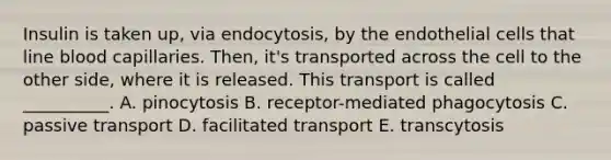 Insulin is taken up, via endocytosis, by the endothelial cells that line blood capillaries. Then, it's transported across the cell to the other side, where it is released. This transport is called __________. A. pinocytosis B. receptor-mediated phagocytosis C. passive transport D. facilitated transport E. transcytosis