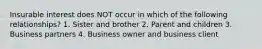 Insurable interest does NOT occur in which of the following relationships? 1. Sister and brother 2. Parent and children 3. Business partners 4. Business owner and business client