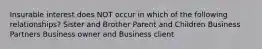 Insurable interest does NOT occur in which of the following relationships? Sister and Brother Parent and Children Business Partners Business owner and Business client