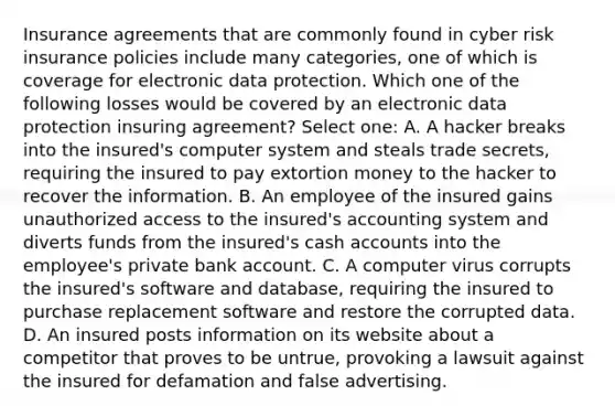 Insurance agreements that are commonly found in cyber risk insurance policies include many categories, one of which is coverage for electronic data protection. Which one of the following losses would be covered by an electronic data protection insuring agreement? Select one: A. A hacker breaks into the insured's computer system and steals trade secrets, requiring the insured to pay extortion money to the hacker to recover the information. B. An employee of the insured gains unauthorized access to the insured's accounting system and diverts funds from the insured's cash accounts into the employee's private bank account. C. A computer virus corrupts the insured's software and database, requiring the insured to purchase replacement software and restore the corrupted data. D. An insured posts information on its website about a competitor that proves to be untrue, provoking a lawsuit against the insured for defamation and false advertising.