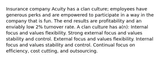 Insurance company Acuity has a clan culture; employees have generous perks and are empowered to participate in a way in the company that is fun. The end results are profitability and an enviably low 2% turnover rate. A clan culture has a(n): Internal focus and values flexibility. Strong external focus and values stability and control. External focus and values flexibility. Internal focus and values stability and control. Continual focus on efficiency, cost cutting, and outsourcing.