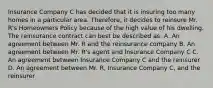 Insurance Company C has decided that it is insuring too many homes in a particular area. Therefore, it decides to reinsure Mr. R's Homeowners Policy because of the high value of his dwelling. The reinsurance contract can best be described as: A. An agreement between Mr. R and the reinsurance company B. An agreement between Mr. R's agent and Insurance Company C C. An agreement between Insurance Company C and the reinsurer D. An agreement between Mr. R, Insurance Company C, and the reinsurer