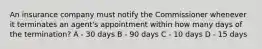 An insurance company must notify the Commissioner whenever it terminates an agent's appointment within how many days of the termination? A - 30 days B - 90 days C - 10 days D - 15 days