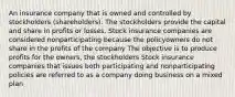 An insurance company that is owned and controlled by stockholders (shareholders). The stockholders provide the capital and share in profits or losses. Stock insurance companies are considered nonparticipating because the policyowners do not share in the profits of the company The objective is to produce profits for the owners, the stockholders Stock insurance companies that issues both participating and nonparticipating policies are referred to as a company doing business on a mixed plan