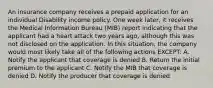 An insurance company receives a prepaid application for an individual Disability income policy. One week later, it receives the Medical Information Bureau (MIB) report indicating that the applicant had a heart attack two years ago, although this was not disclosed on the application. In this situation, the company would most likely take all of the following actions EXCEPT: A. Notify the applicant that coverage is denied B. Return the initial premium to the applicant C. Notify the MIB that coverage is denied D. Notify the producer that coverage is denied