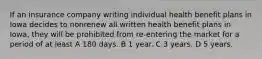 If an insurance company writing individual health benefit plans in Iowa decides to nonrenew all written health benefit plans in Iowa, they will be prohibited from re-entering the market for a period of at least A 180 days. B 1 year. C 3 years. D 5 years.