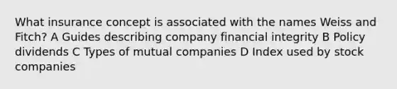 What insurance concept is associated with the names Weiss and Fitch? A Guides describing company financial integrity B Policy dividends C Types of mutual companies D Index used by stock companies