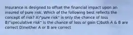 Insurance is designed to offset the financial impact upon an insured of pure risk. Which of the following best reflects the concept of risk? A)"pure risk" is only the chance of loss B)"speculative risk" is the chance of loss or gain C)both A & B are correct D)neither A or B are correct