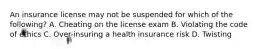 An insurance license may not be suspended for which of the following? A. Cheating on the license exam B. Violating the code of ethics C. Over-insuring a health insurance risk D. Twisting