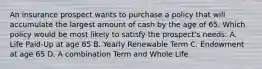 An insurance prospect wants to purchase a policy that will accumulate the largest amount of cash by the age of 65. Which policy would be most likely to satisfy the prospect's needs: A. Life Paid-Up at age 65 B. Yearly Renewable Term C. Endowment at age 65 D. A combination Term and Whole Life