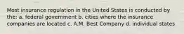 Most insurance regulation in the United States is conducted by the: a. federal government b. cities where the insurance companies are located c. A.M. Best Company d. individual states