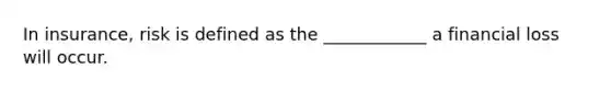 In insurance, risk is defined as the ____________ a financial loss will occur.