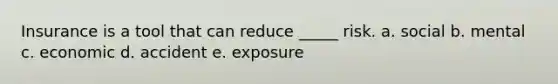 Insurance is a tool that can reduce _____ risk. a. social b. mental c. economic d. accident e. exposure