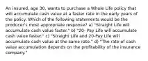 An insured, age 30, wants to purchase a Whole Life policy that will accumulate cash value at a faster rate in the early years of the policy. Which of the following statements would be the producer's most appropriate response? a) "Straight Life will accumulate cash value faster." b) "20- Pay Life will accumulate cash value faster." c) "Straight Life and 20-Pay Life will accumulate cash value at the same rate." d) "The rate of cash value accumulation depends on the profitability of the insurance company."