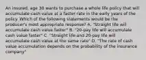 An insured, age 30 wants to purchase a whole life policy that will accumulate cash value at a faster rate in the early years of the policy. Which of the following statements would be the producer's most appropriate response? A. "Straight life will accumulate cash value faster" B. "20-pay life will accumulate cash value faster" C. "Straight life and 20-pay life will accumulate cash value at the same rate" D. "The rate of cash value accumulation depends on the probability of the insurance company"