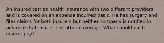 An insured carries health insurance with two different providers and is covered on an expense incurred basis. He has surgery and files claims for both insurers but neither company is notified in advance that insurer has other coverage. What should each insurer pay?