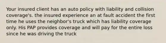 Your insured client has an auto policy with liability and collision coverage's. the insured experience an at fault accident the first time he uses the neighbor's truck which has liability coverage only. His PAP provides coverage and will pay for the entire loss since he was driving the truck