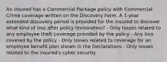 An insured has a Commercial Package policy with Commercial Crime coverage written on the Discovery Form. A 1-year extended discovery period is provided for the insured to discover what kind of loss after policy termination? - Only losses related to any employee theft coverage provided by the policy - Any loss covered by the policy - Only losses related to coverage for an employee benefit plan shown in the Declarations - Only losses related to the insured's cyber security